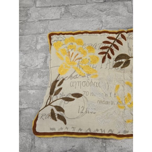 Pier One Beige Brown Yellow Floral Boho Embroidered Pillowcase Zippered 12x20" - Picture 5 of 9